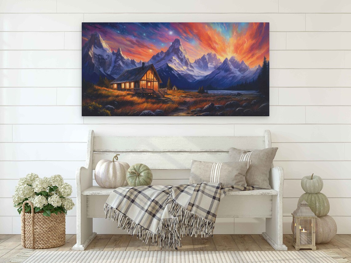 Cozy Lit Cabin Colorful Dusk Sky Snowy Mountain Peaks Landscape Poster - Image 2