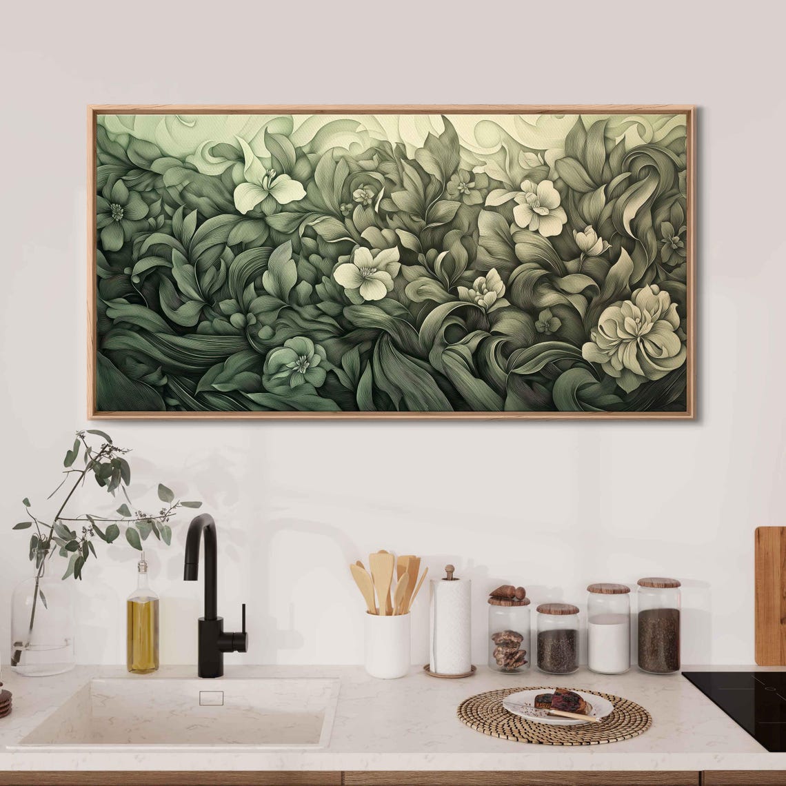 Sage Green Monochromatic Floral Botanical Linework Wall Art Poster