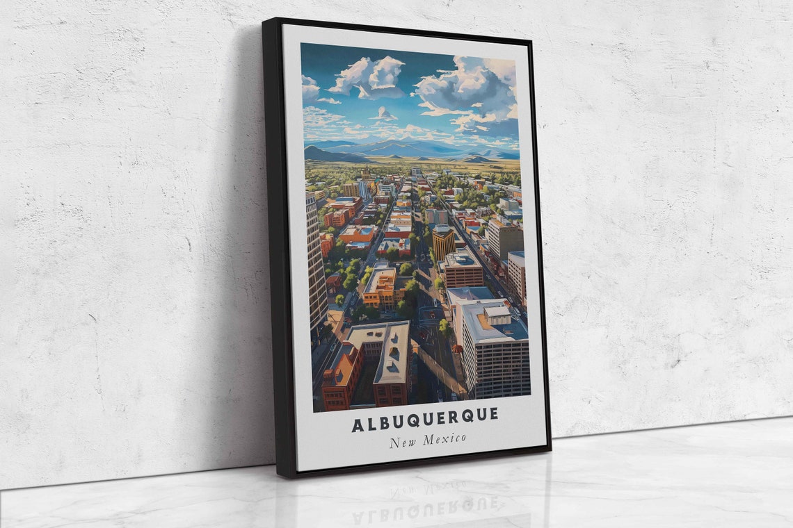 Albuquerque New Mexico Downtown Aerial Mountain Backdrop Travel Poster - Image 2