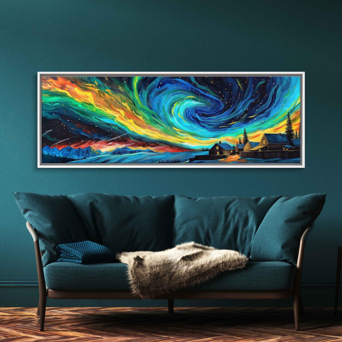 Swirling Aurora Night Sky Over Snowy Cabins And Lodge Glow Poster - Image 3