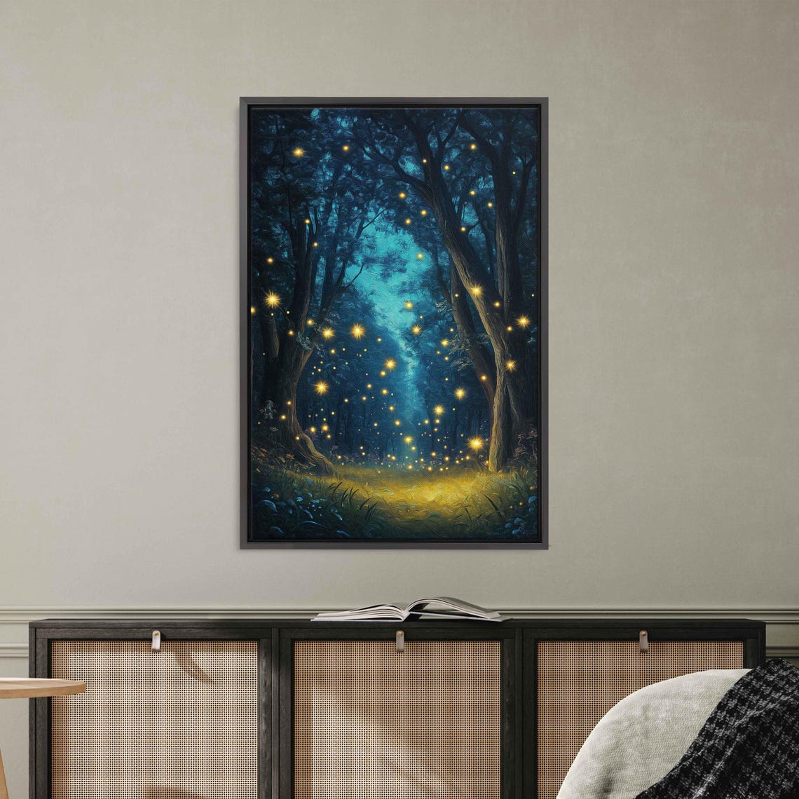Magical Mooonlit Forest Glade Engulfed With Fireflies Oil Wall Art Print Fantasy Nature Art Enchanted Trees Ready To Hang - Image 3