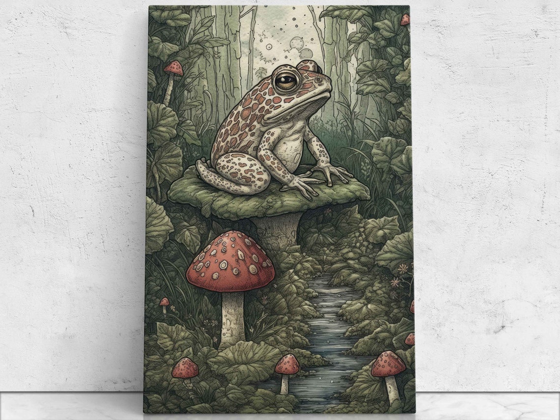 Spotted Frog Sitting Mushroom Forest Stream Vintage Art Poster