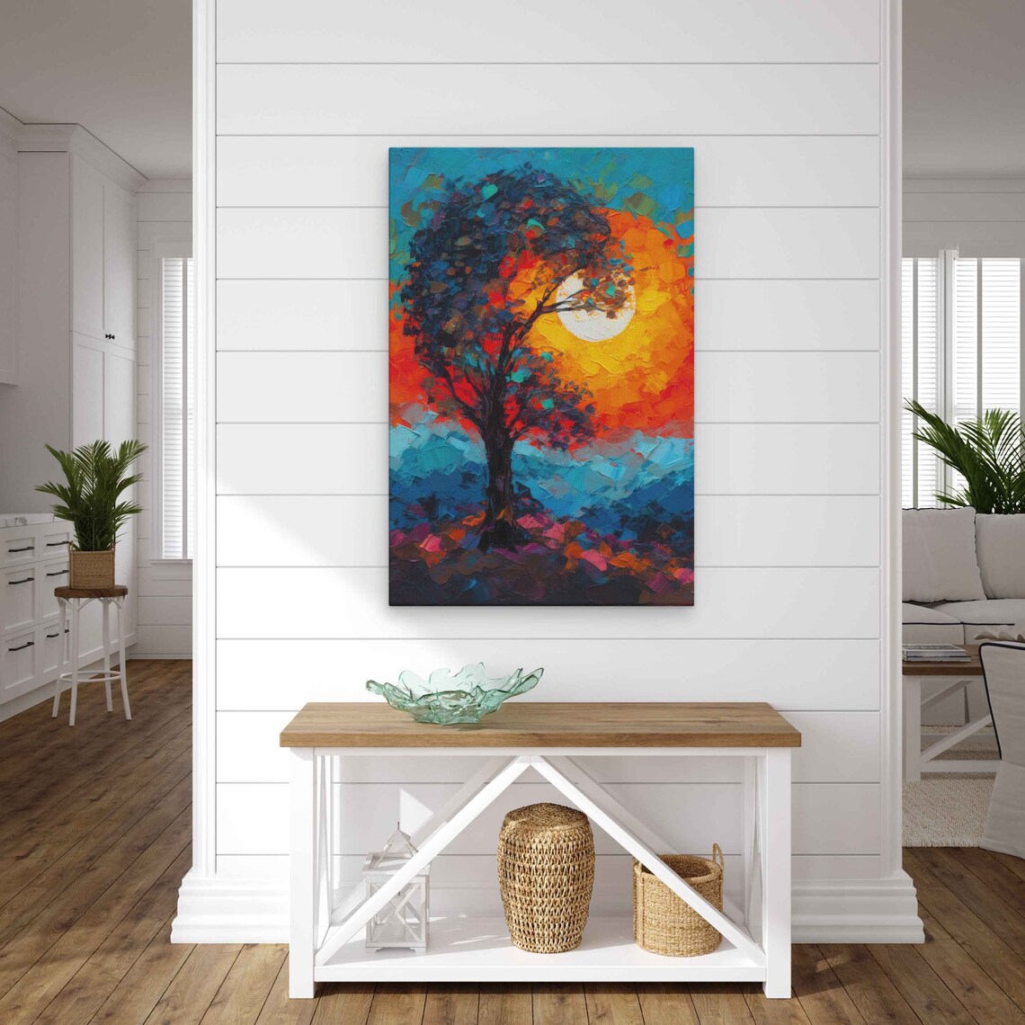 Lone Tree Silhouette Against Blazing Sun Palette Knife Art Poster - Image 2