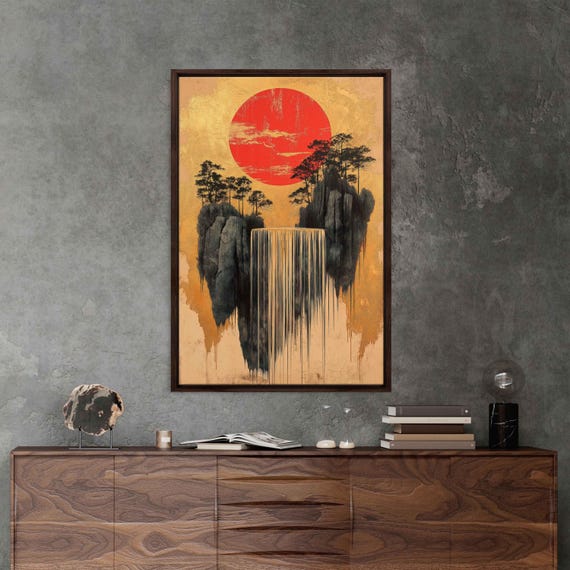 Surreal Floating Island Wall Art Print Whimsical Waterfalls Gold And Red Accents