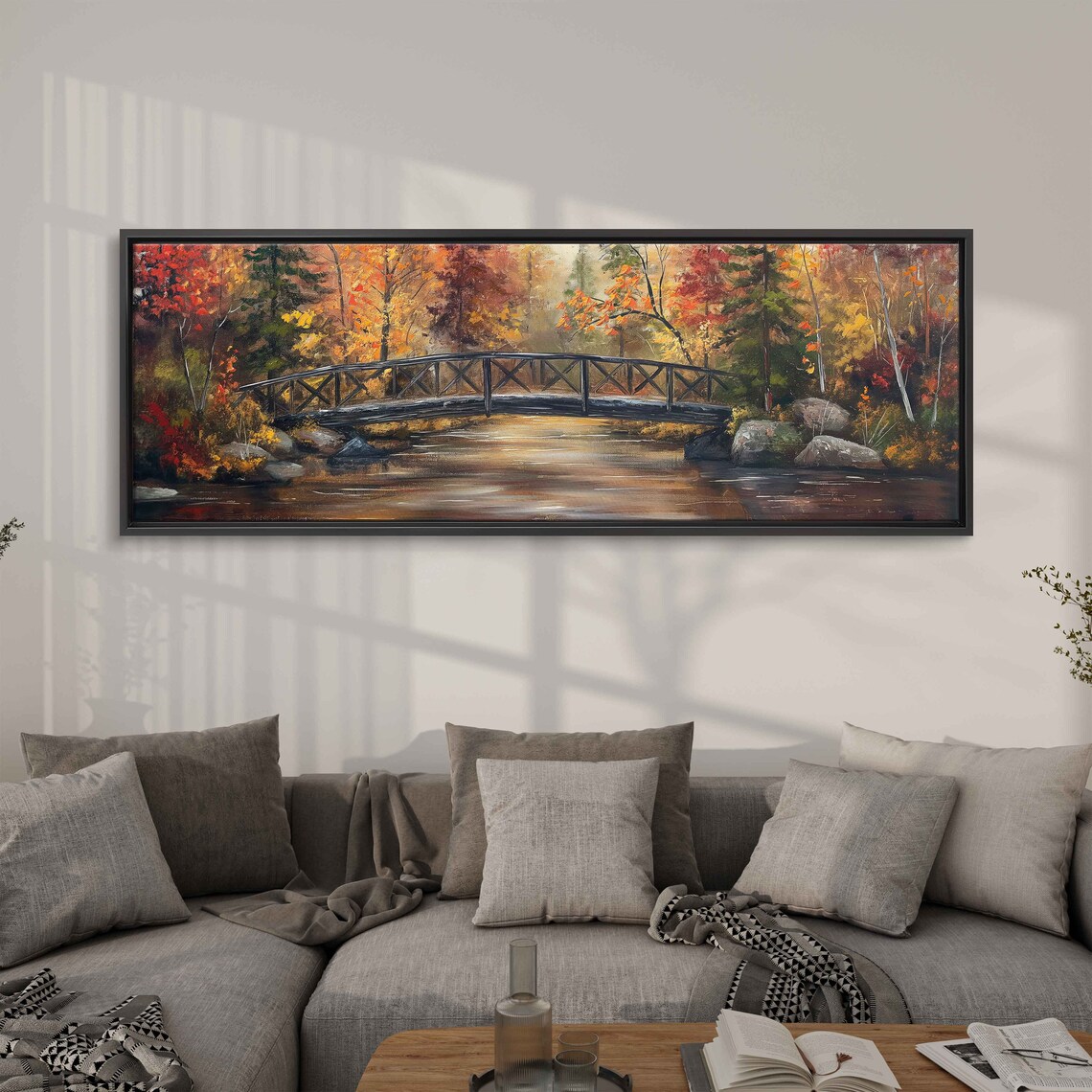 Autumn Forest River Wooden Bridge Golden Foliage Panoramic Poster - Image 3