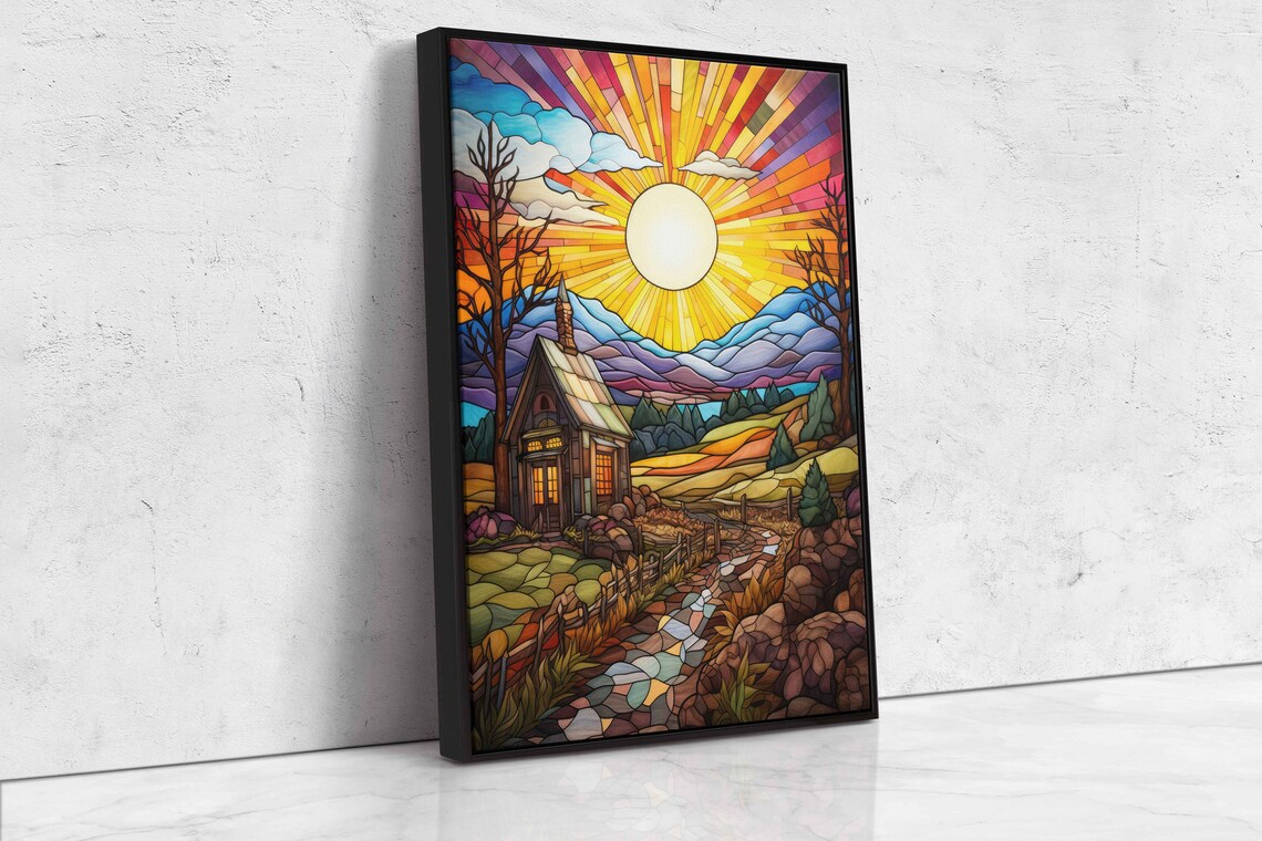 Mosaic Sunlit Farm House Wall Art Print Beautiful Vibrant Colors Mountain Range Ready To Hang - Image 4