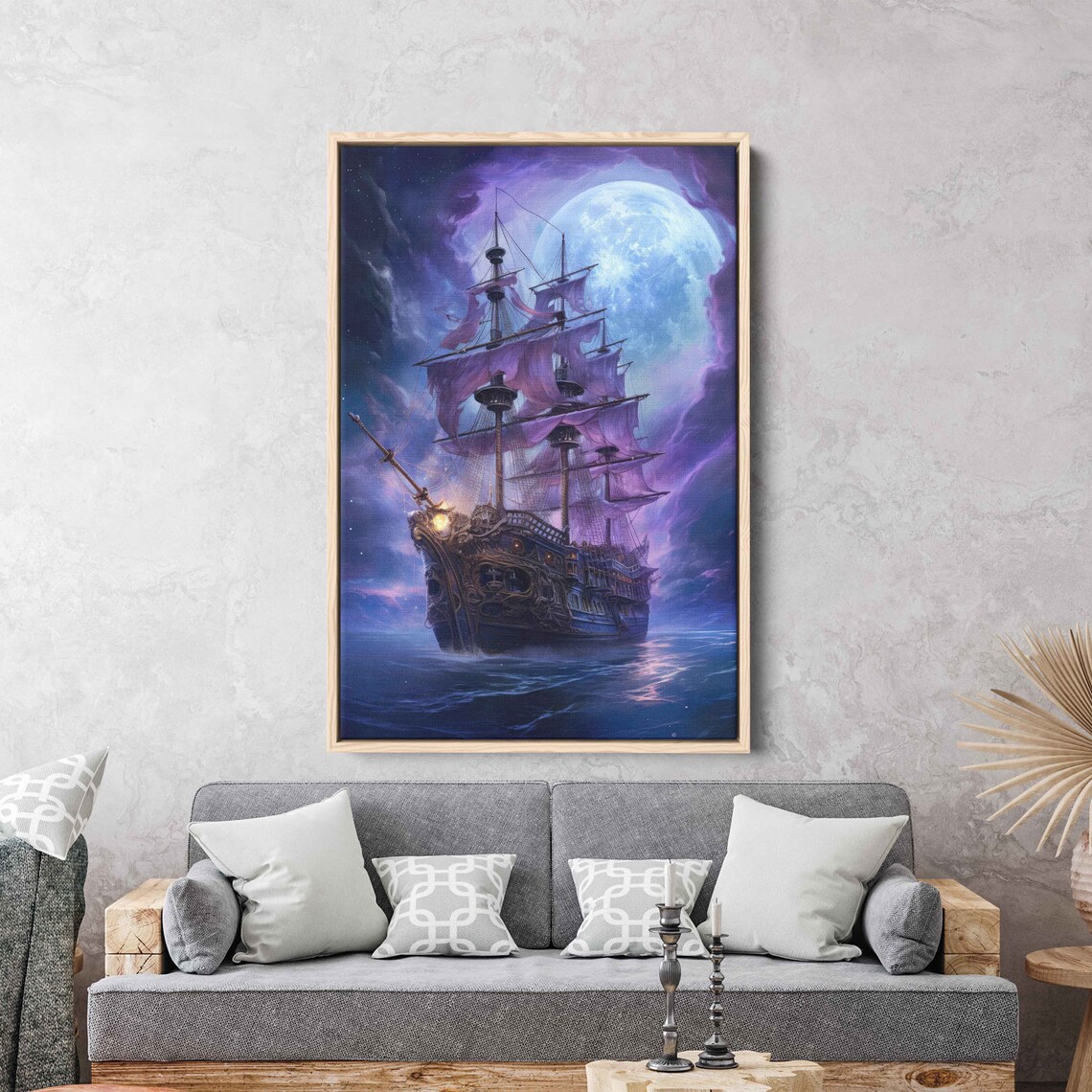 Pirate Galleon Full Moon Purple Night Sky Sailing Ship Fantasy Wall Art Poster - Image 2