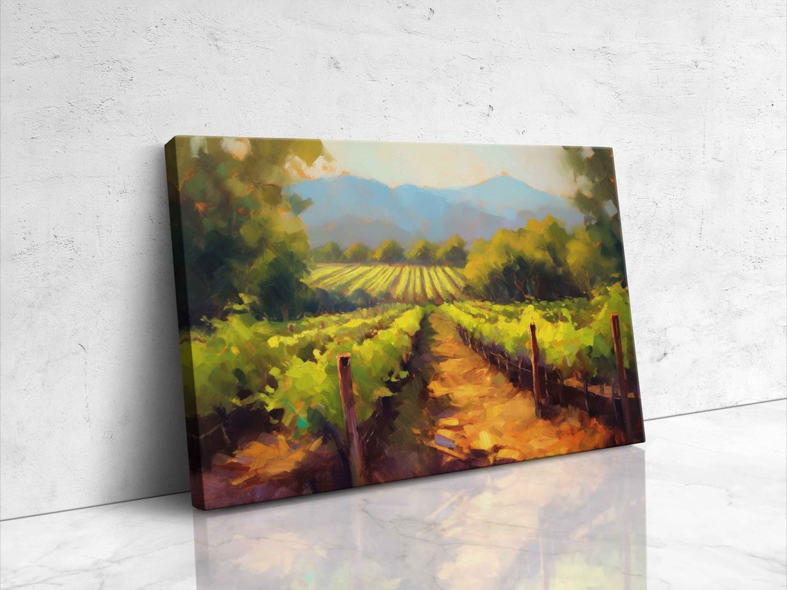 Golden Vineyard Rows Rolling Hills Sunset Landscape Painting Poster - Image 4