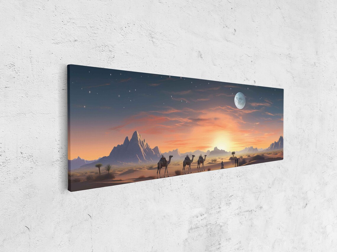 Desert Sand Dunes Camels Panoramic Wall Art Print Sunset Mountain Range Moon Over Desert Ready To Hang - Image 4
