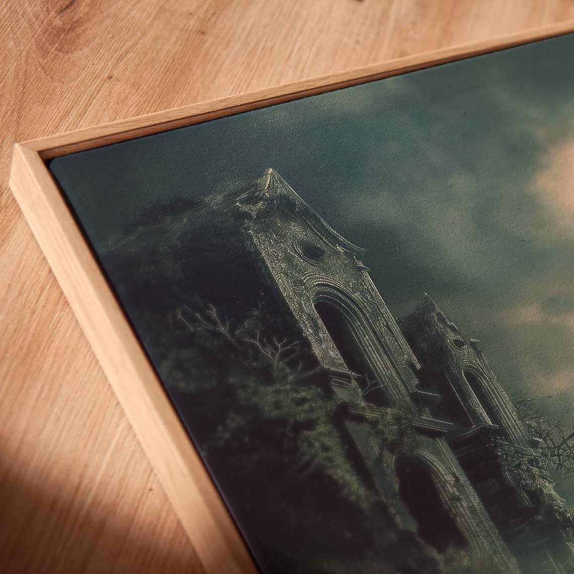 Abandoned Abbey Ruins Stone Staircase Full Moon Foggy Night Wall Art - Image 2