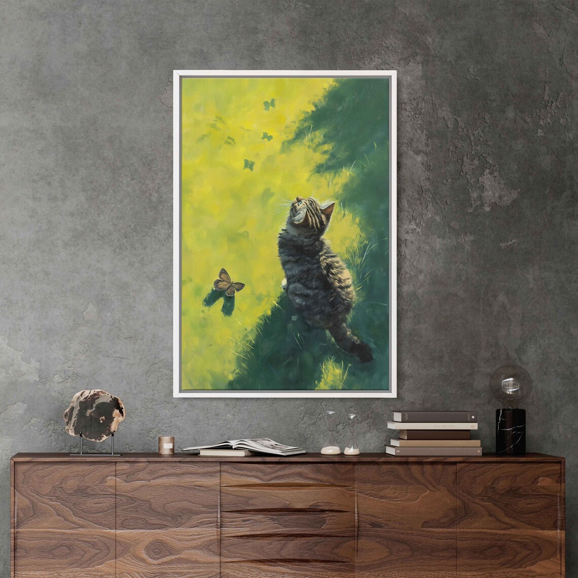 Playful Tabby Kitten Butterfly Sunny Meadow Garden Painting Cat Wall Art Print - Image 2