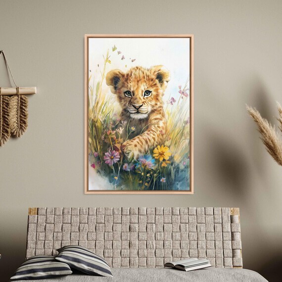 Playful Lion Cub In Wildflower Meadow Watercolor Cheerful Nursery Poster
