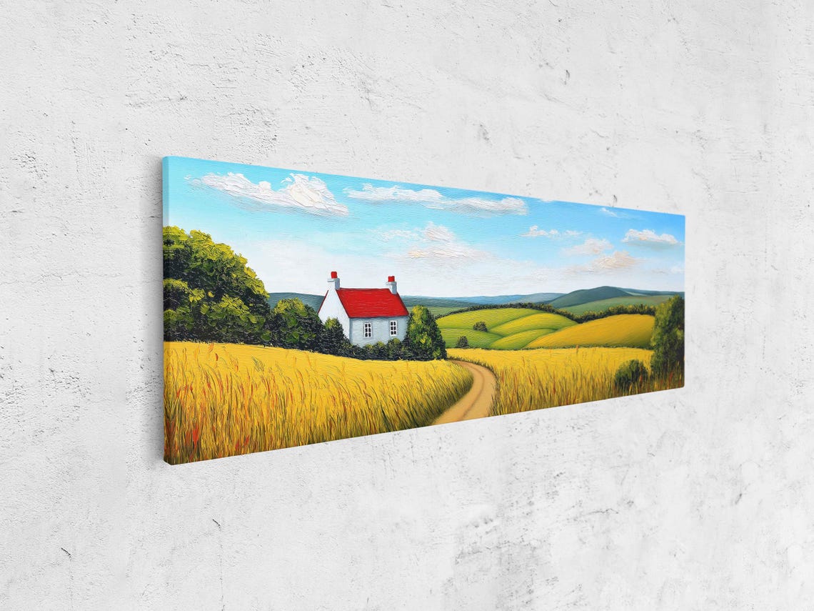 White Cottage With Red Roof In Golden Fields Panoramic Poster - Image 4