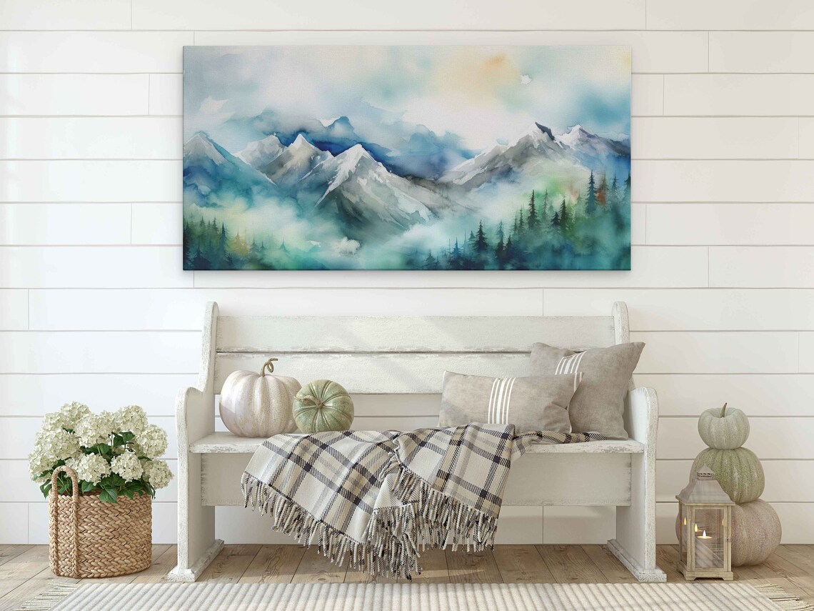 Foggy Blue Green Mountains Forest Watercolor Landscape Art Poster - Image 4