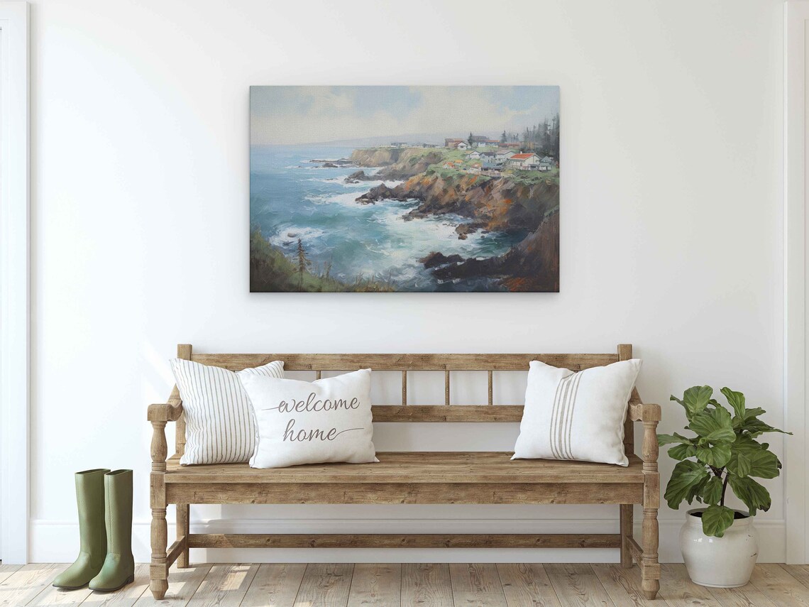 Depoe Bay Oregon Rocky Cliffs Coastal Town Seaside Headland Oil Painting Poster - Image 2