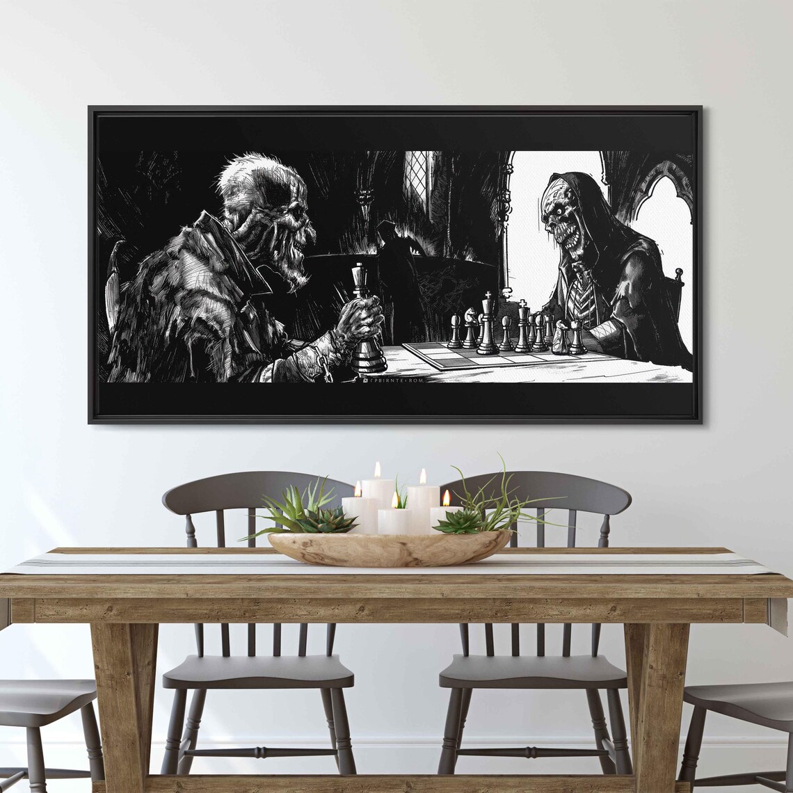 Gothic Ghoul Playing Chess With Vampire Dark Comic Ink Halloween Poster - Image 3