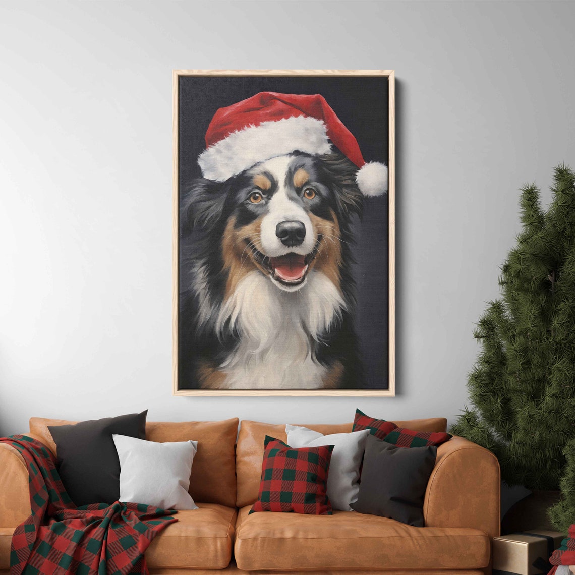 Australian Shepherd Black Tricolor Santa Hat Portrait Poster
