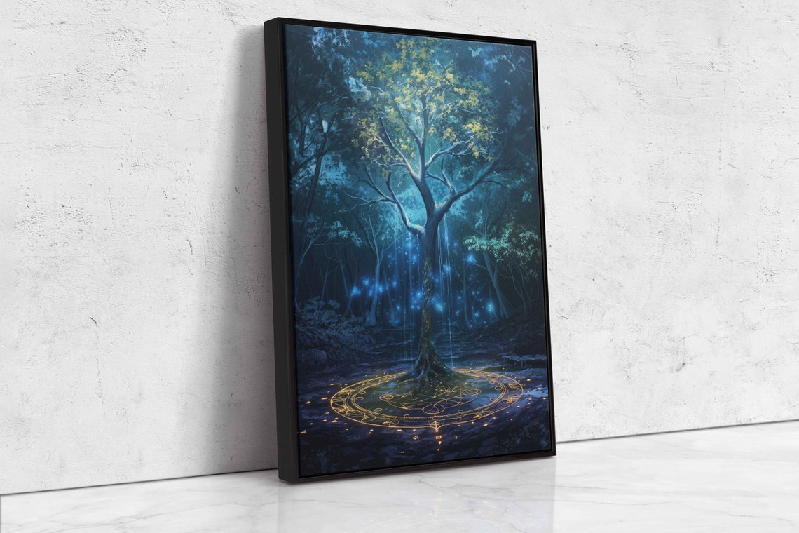 Magical Glowing Enchanted Tree Blue Night Forest Fantasy Art Poster - Image 4