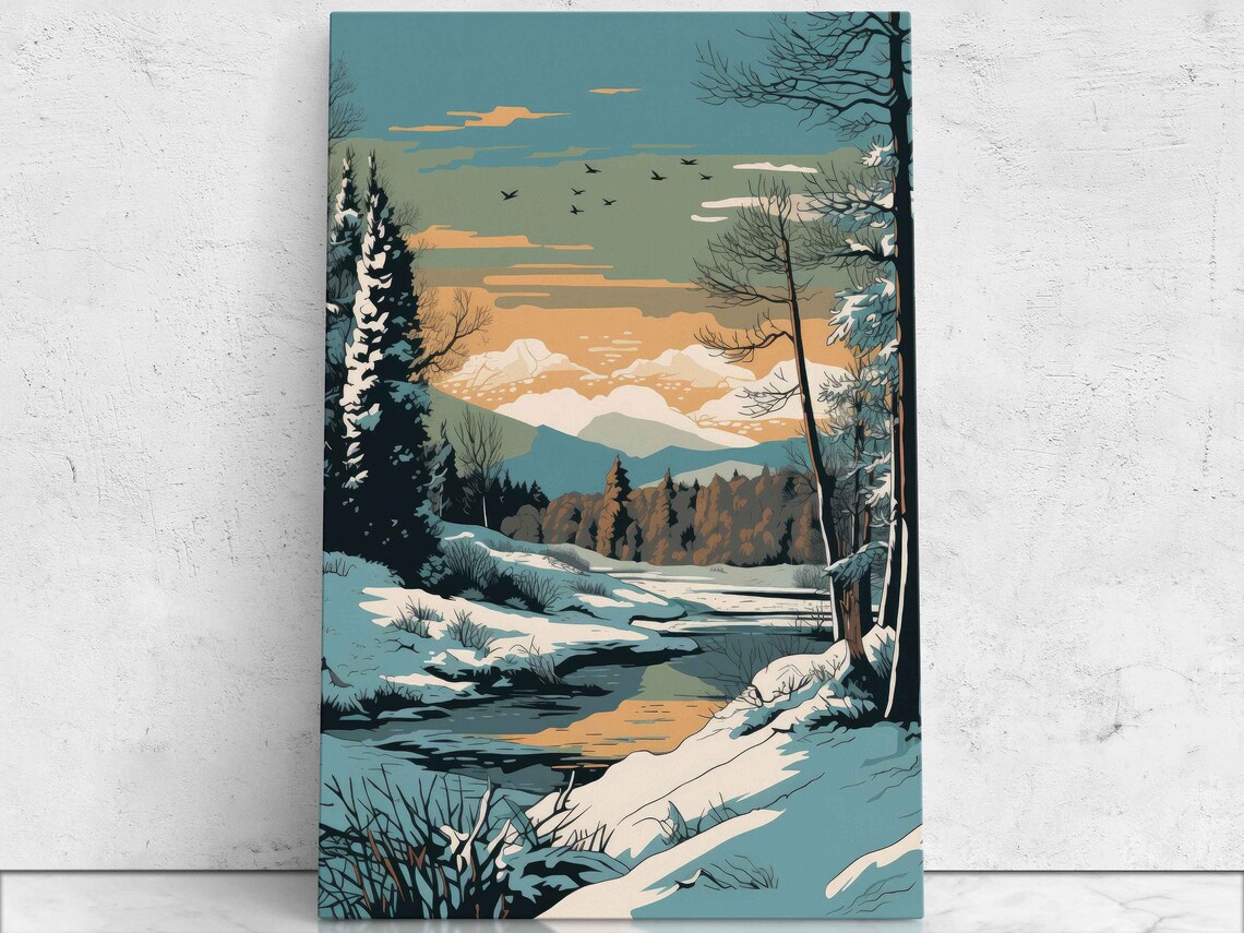 Snowy Winter Forest River Dusk Pop Art Landscape Travel Poster