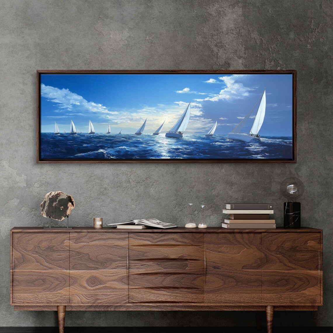 Sailing Regatta Panoramic Painting White Sailboats Racing Blue Sea Sunny Sky Poster - Image 3