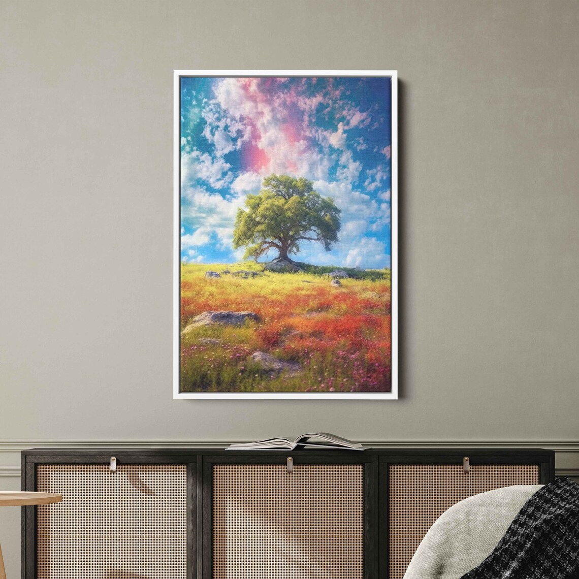 Ancient Tree Rainbow Sky 2colorful Ancient Tree In An Open Field Colorful Cloudy Skies Framed Print Ready To Hang - Image 2