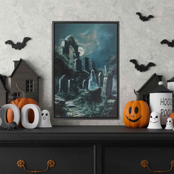 Ghostly Bride Walking Through Overgrown Cemetary Wall Art Print Cracked Tombstones Eerie Sky Spectral Being Ready To Hang