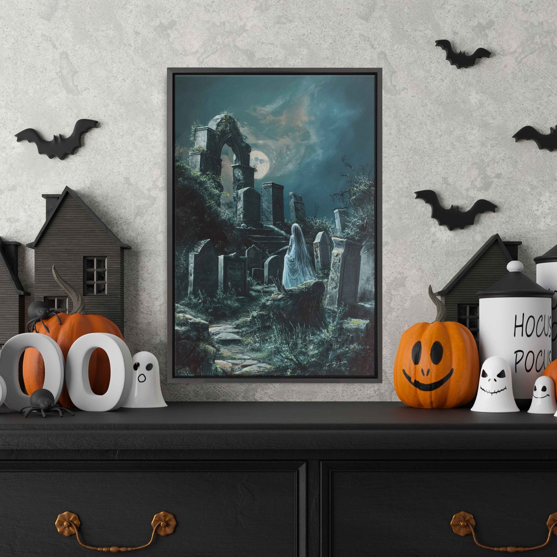 Ghostly Bride In Moonlit Cemetery Ruins Tombstones Spooky Wall Art