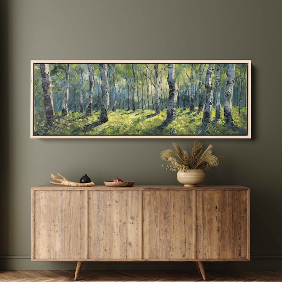 Birch Trees Lined Up Panoramic Acrylic Wall Art Print Impressionist Art Nature Wall Art Forest Painting Ready To Hang