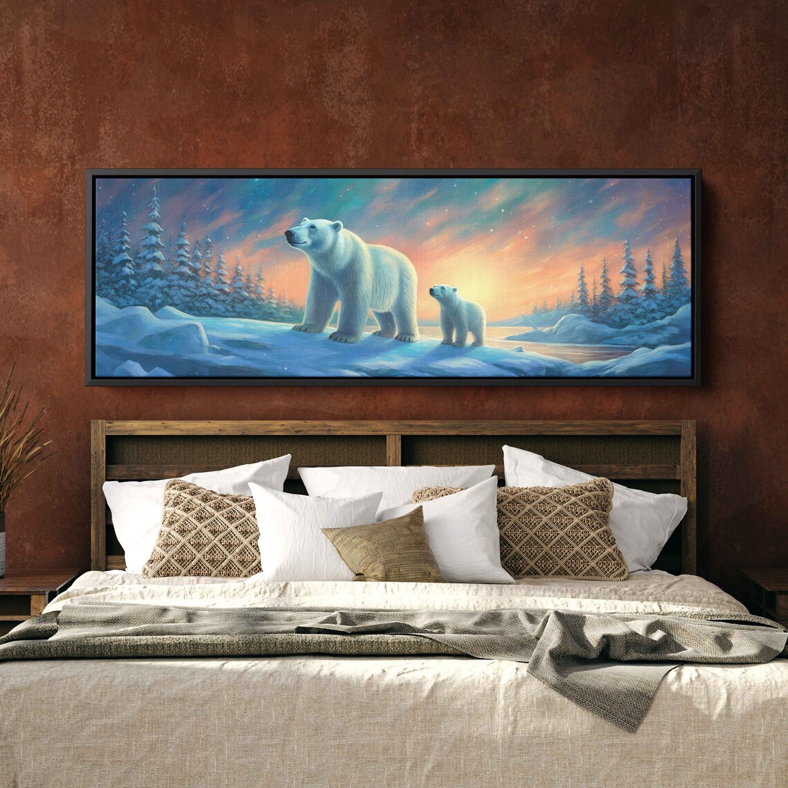 Mama Polar Bear and Cub Golden Sunset Snowy Pines Panoramic Wildlife Poster - Image 3