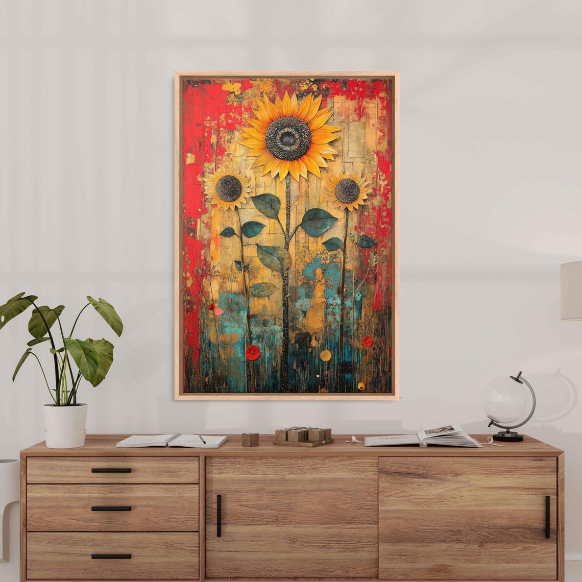 Sunflowers Collage Art Print Crimson Red Gold Teal Textured Background