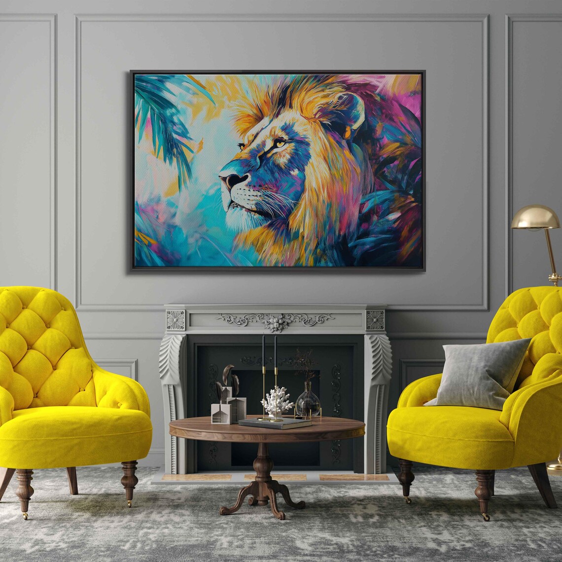 Majestic Lion Portrait Vibrant Acrylic Tropical Palm Colorful Art Poster - Image 3