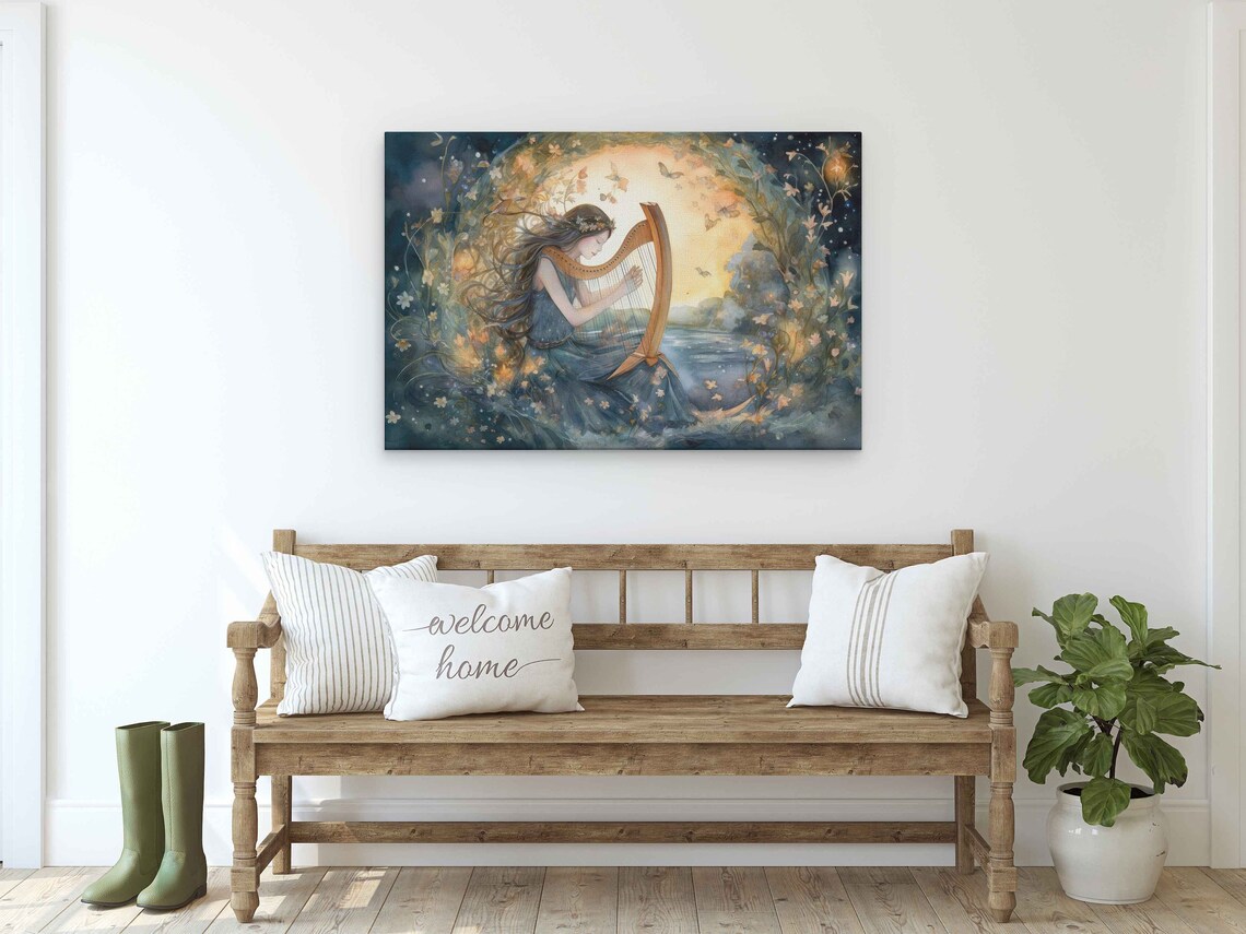 Watercolor Enchanted Fairy Playing Harp Art Print - Image 2