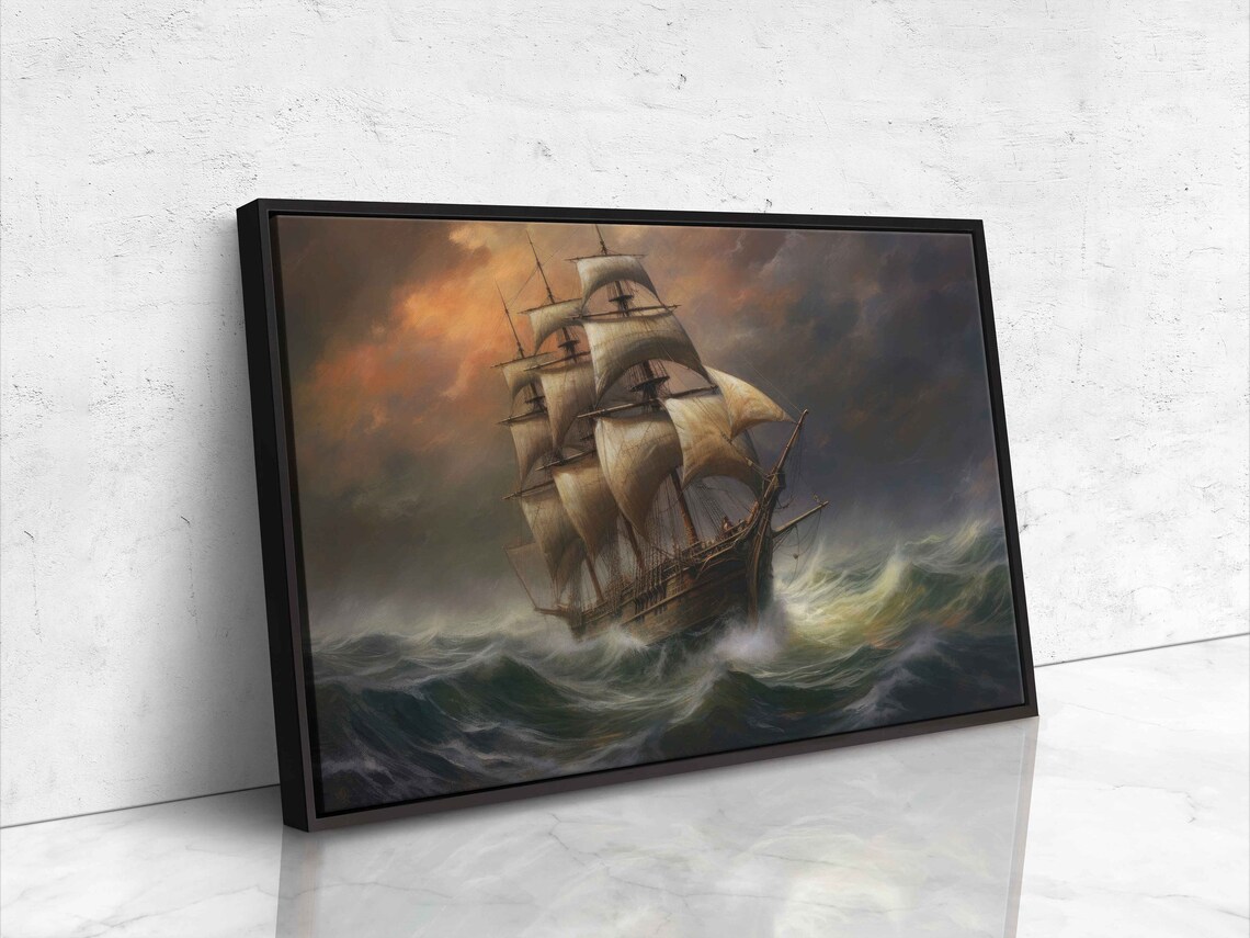 Vintage Tall Ship Full Sails Stormy Sea Sunset Acrylic Painting Print - Image 4