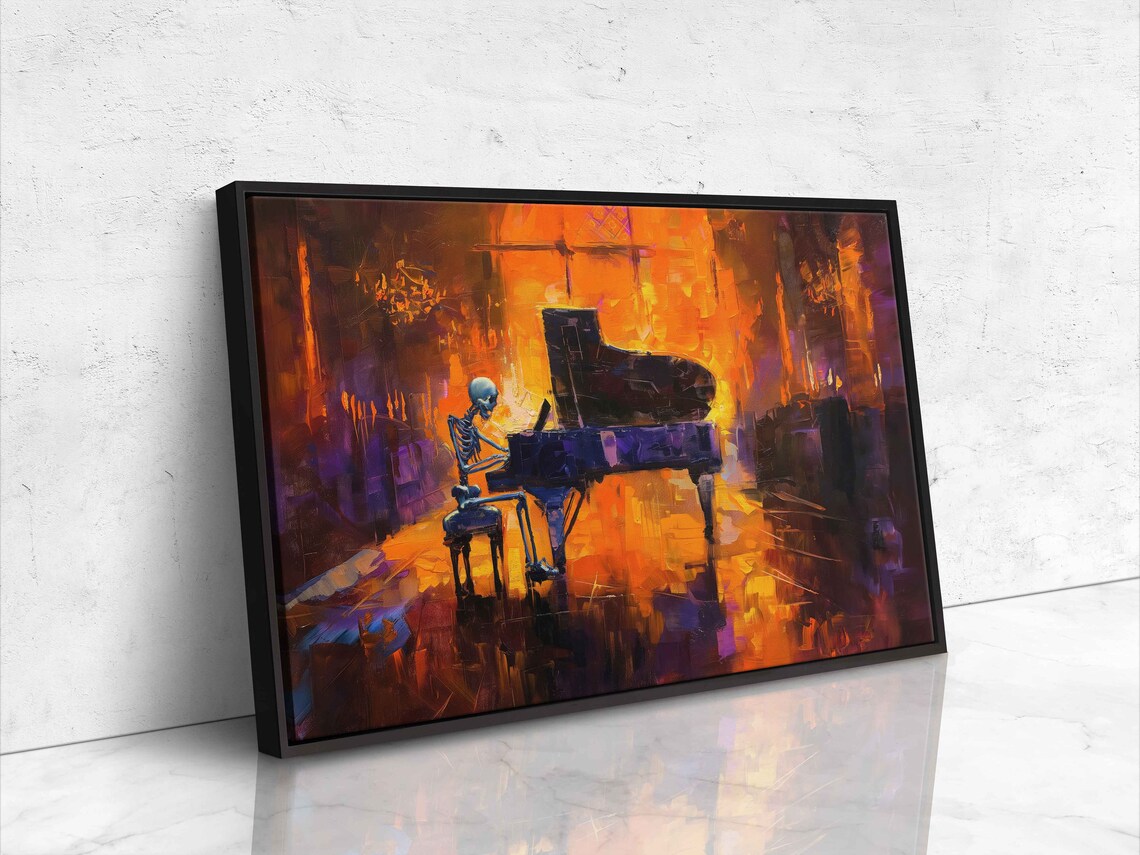 Skeleton Playing Grand Piano Fiery Orange Abstract Music Poster - Image 4