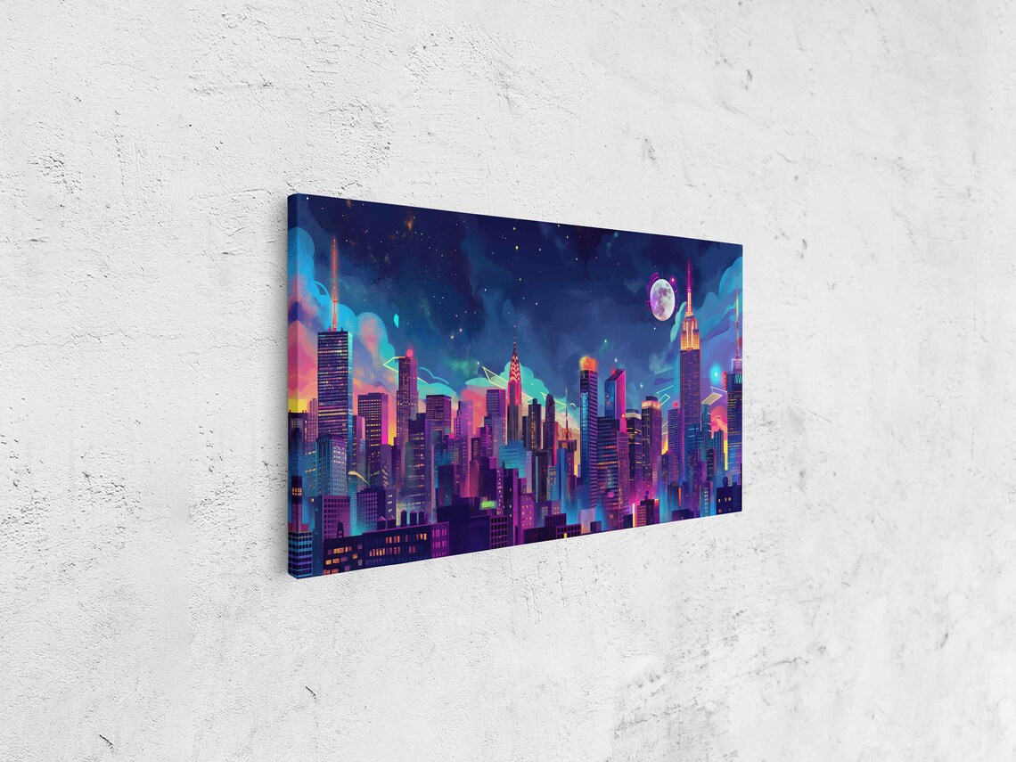 Neon Pop Art City Skyline Night Moonlit Skyscrapers Vibrant Poster - Image 4