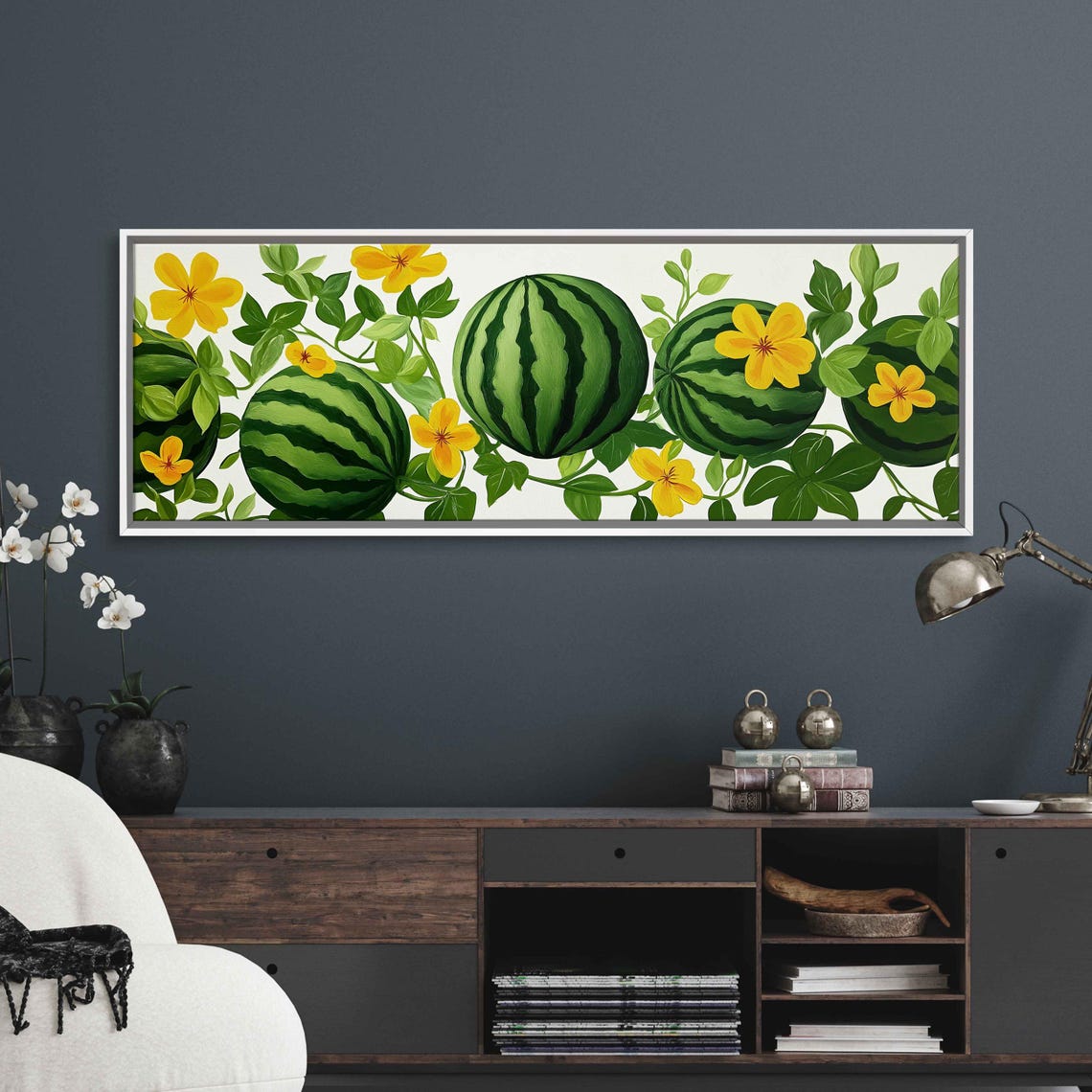 Watermelons On Vine With Yellow Blossoms Botanical Art Print