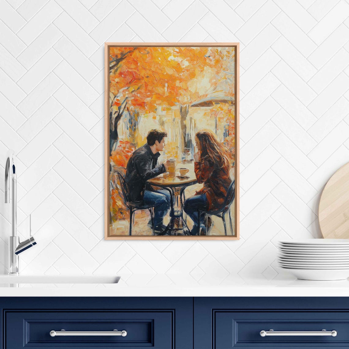Couple Drinking Coffee At Outdoor Cafe In Autumn Leaves Art Poster - Image 3
