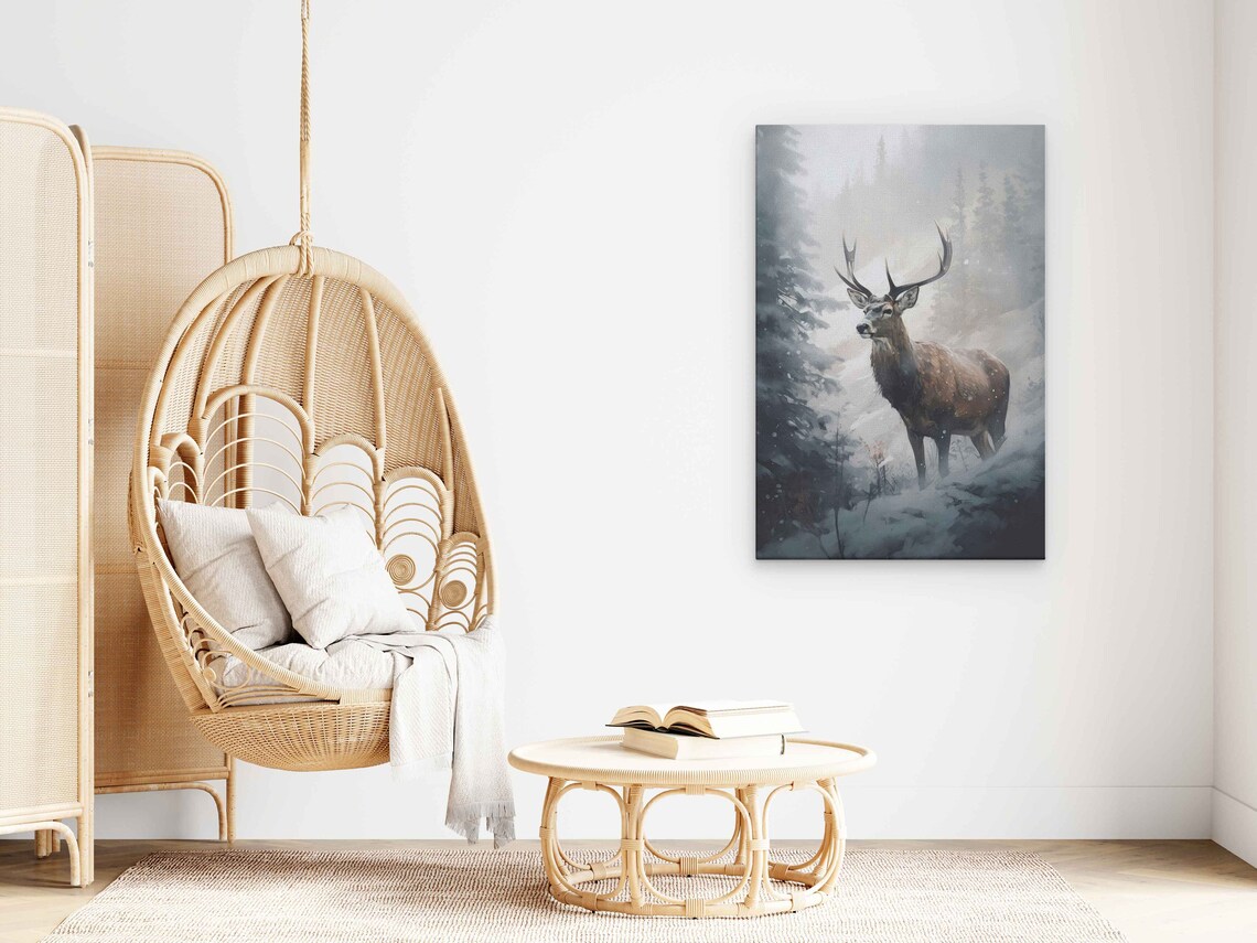 Majestic Stag Deer Snowy Winter Forest Oil Painting Wildlife Poster - Image 3