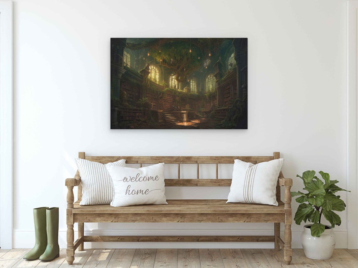 Stunning Enchanted Treehouse Library Magical Reading Nook Art On Ready To Hang Gift For Librarians Gift For Bookworm - Image 2