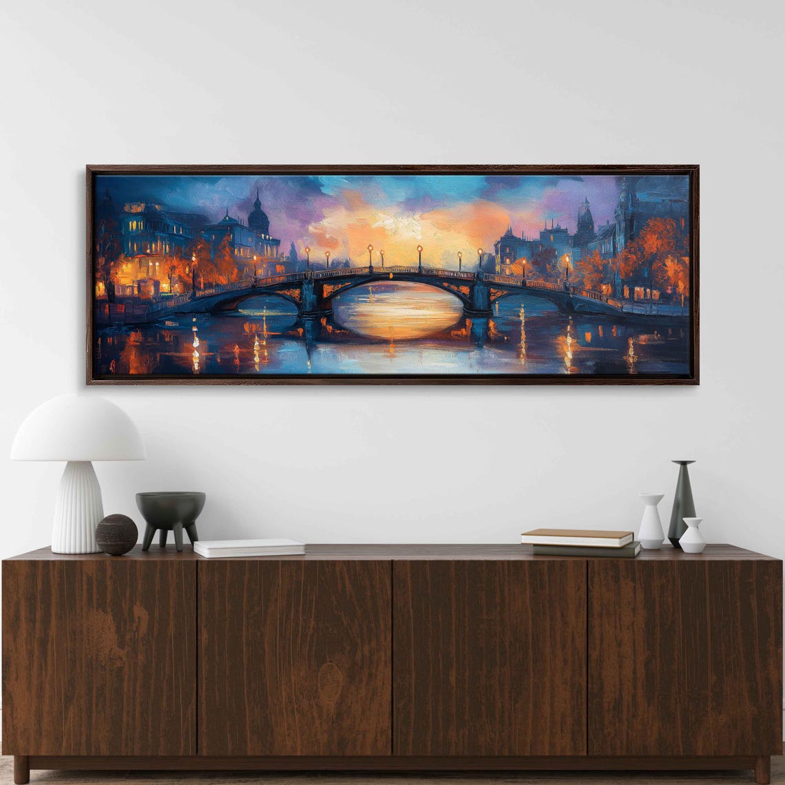 Arched Bridge Over Calm River At Dusk With City Lights Poster - Image 3