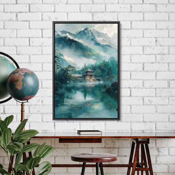 Asian Pagoda Misty Mountains Lake In Forest Painting Framed Print Ready To Hang