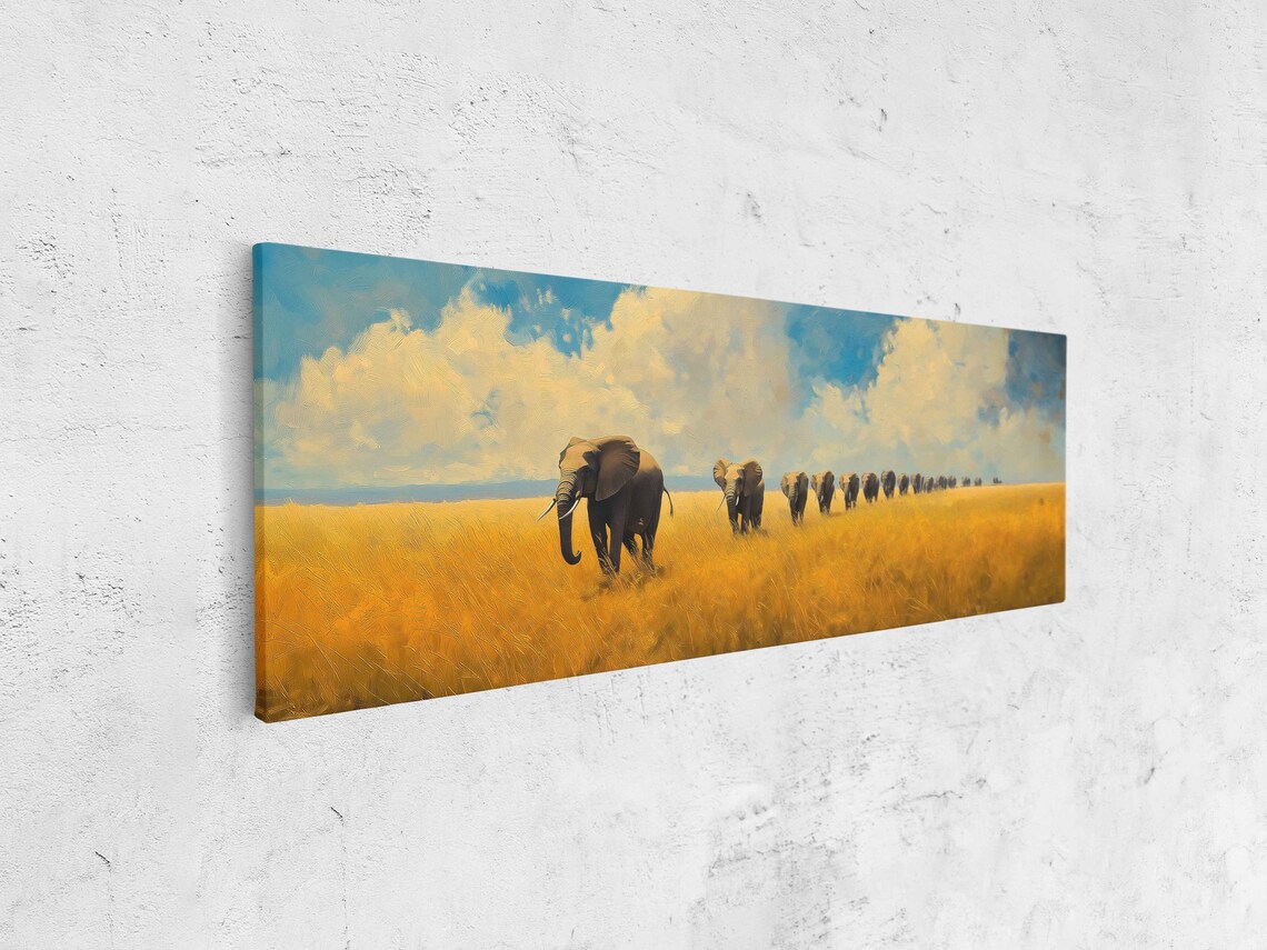 Herd of Elephants Crossing Golden Savanna Grassland Panoramic Wildlife Poster - Image 4
