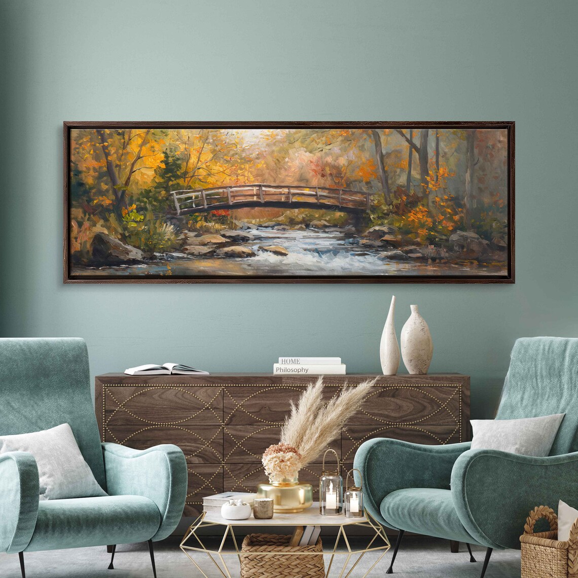 Autumn Forest Stream Wooden Bridge Golden Fall Oil Painting Poster - Image 3