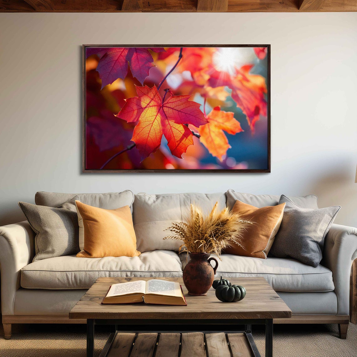Sunlit Red Maple Leaves Close Up Backlit Fall Nature Photo Poster