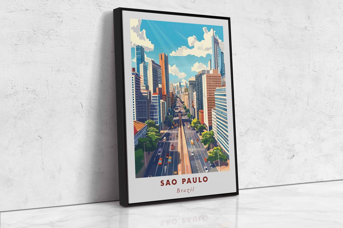 Sao Paulo Brazil Retro Avenue Street Colorful Skyline Poster - Image 2