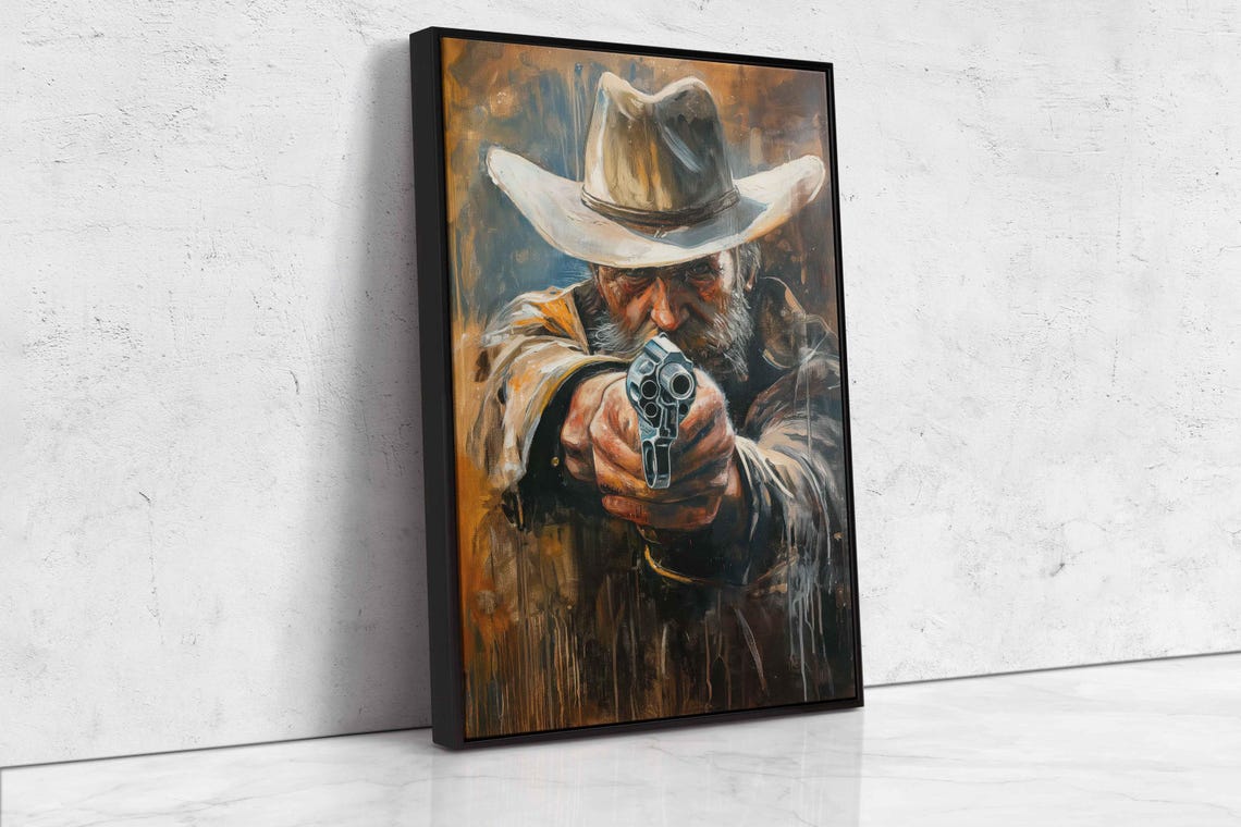 Cowboy Pointing Revolver Forward Blue Gray Western Action Poster - Image 4