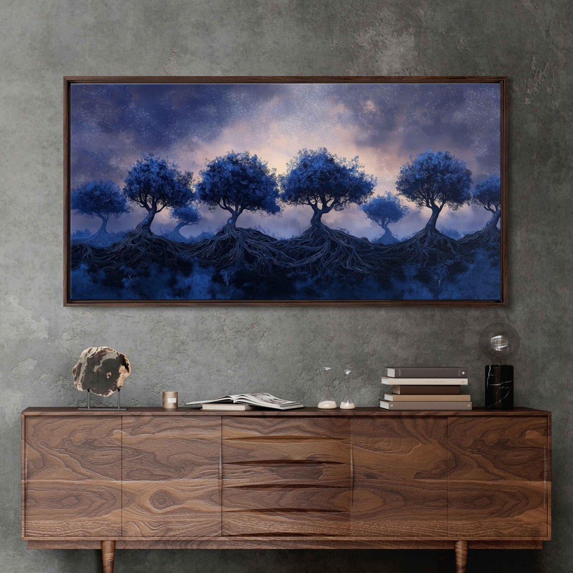 Dark Blue Trees With Exposed Roots Indigo Night Sky Surreal Art Print