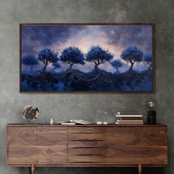 Mystical Floating Bonsai Trees Wall Art Print Dreamy Indigo Sunset Ethereal Roots