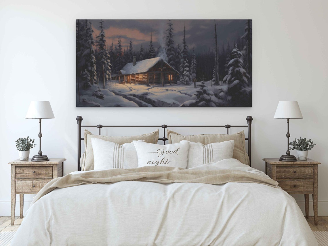 Snowy Log Cabin Glowing Windows Winter Forest Night Art Poster - Image 3