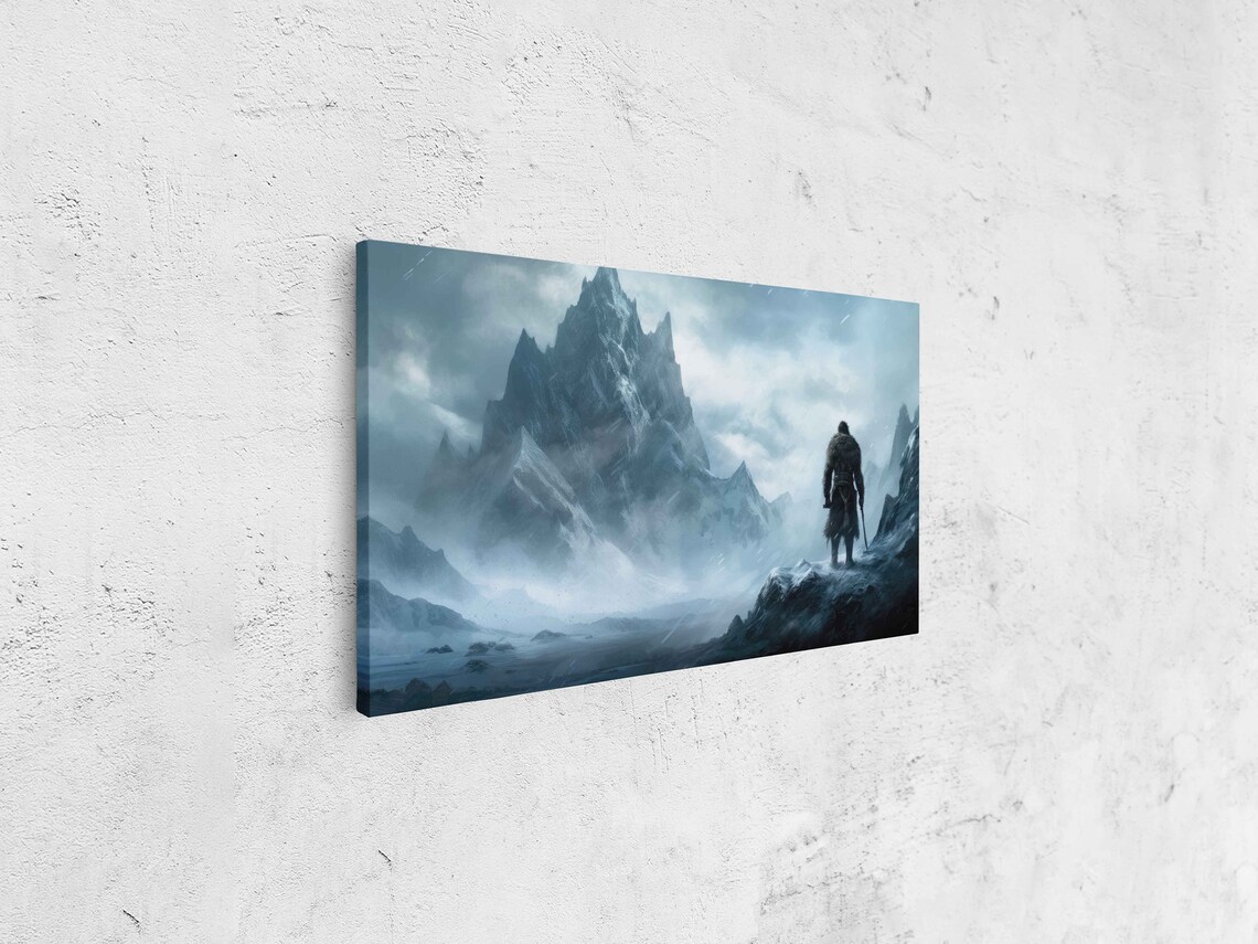 Lone Barbarian Facing Icy Snowy Peaks Frozen Mountain Art Poster - Image 4
